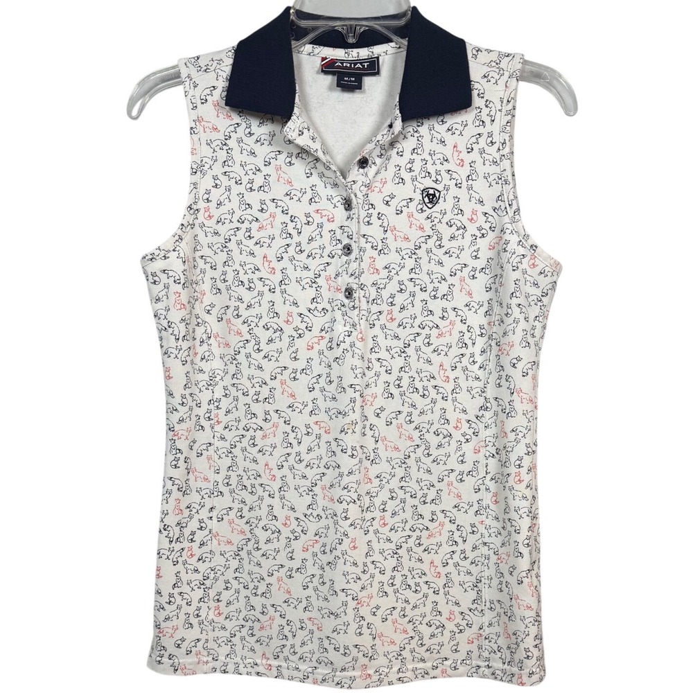 ARIAT Womens Sleeveless Polo Shirt White Fox Print Navy Collar Stretch Medium